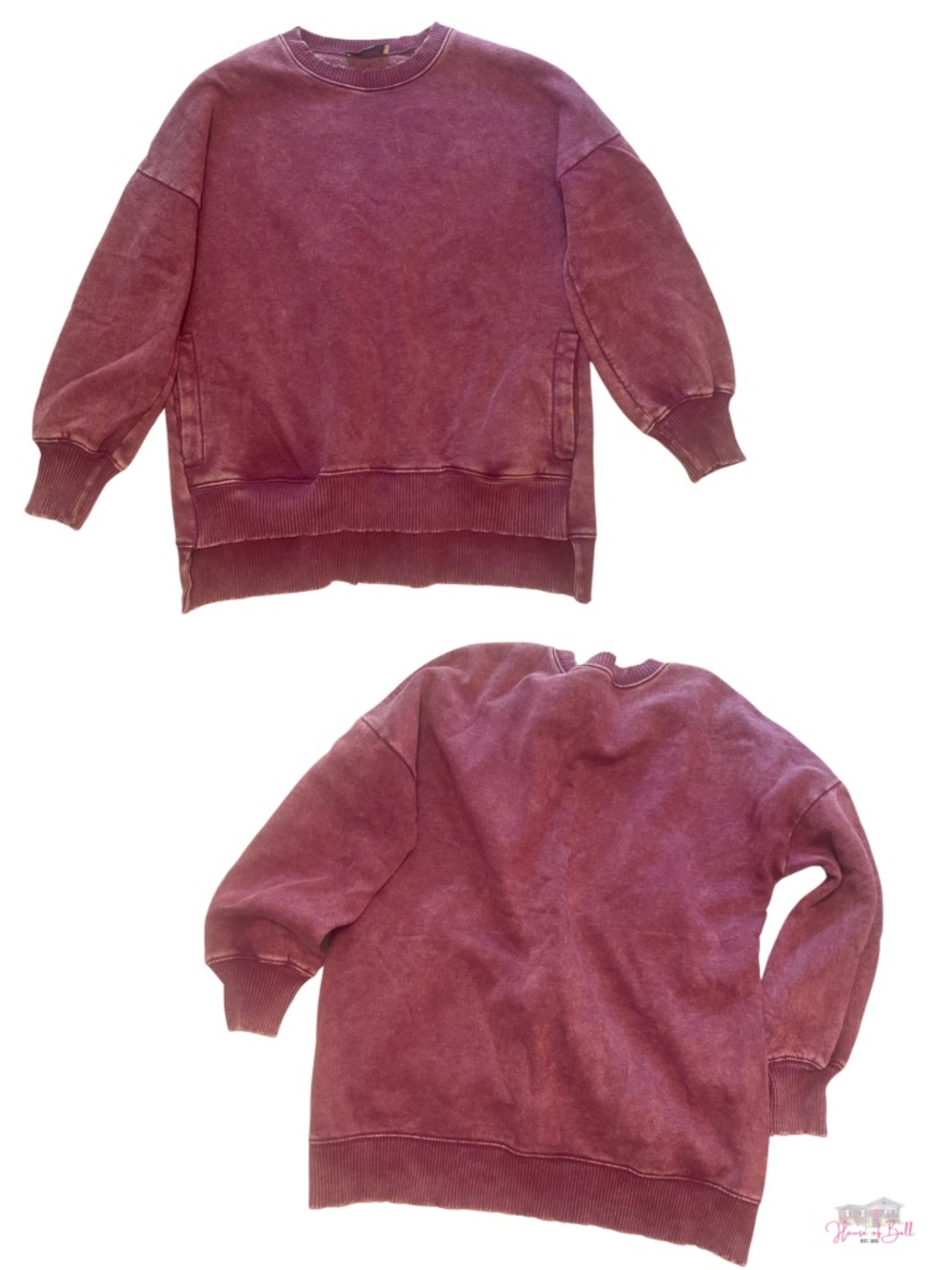 ZENANA Acid Wash Oversized Crewneck Sweatshirt with Pockets Small Plum